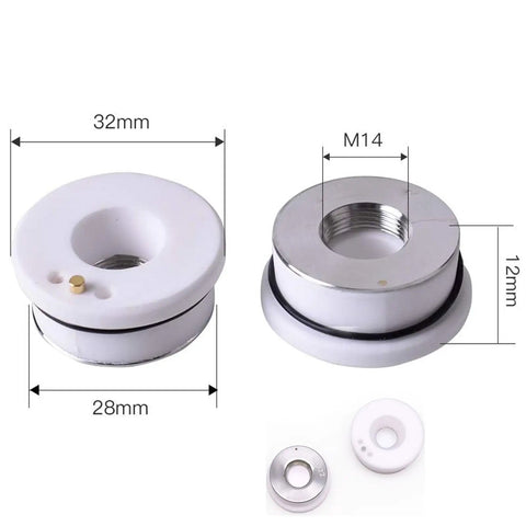 Side and front view of Top Notch Ceramic Ring Nozzle 32mm Diameter For Fiber Laser Cutter Head With M14 Thread 500 To 20000W Power Fits Raytools BT240 And BMH Series Fiber Laser Heads