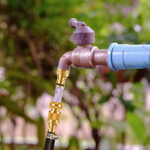 Heavy Duty Rust Resistant Brass Garden Hose Quick Connect Fittings Three Quarter Inch GHT Female To Female Adapters No Leak Easy To Use Includes Two Female Connectors For Fast Leak Free Hose Setup installed on a tap