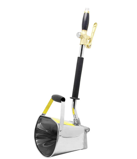 Heavy Duty Mortar Sprayer And Stucco Gun With Large Hopper For Fast Cement Work Smooth Operator angle showing handle and nozzle.