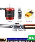 Beefed Up High Performance Brushless Motor And 80 Amp ESC Combo For One Eighth And One Tenth Scale RC Crawlers Including Axial SCX10 And TRX 4 TRX 6 Off Road Trucks With USB Linker Speed Control Programming shown with motor, USB link, and battery plug.