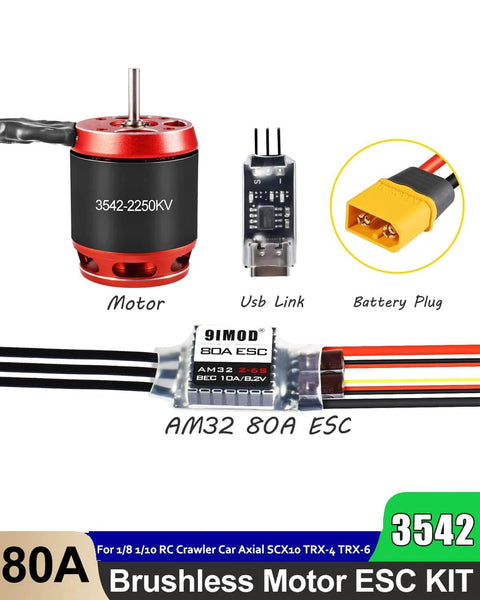 Beefed Up High Performance Brushless Motor And 80 Amp ESC Combo For One Eighth And One Tenth Scale RC Crawlers Including Axial SCX10 And TRX 4 TRX 6 Off Road Trucks With USB Linker Speed Control Programming shown with motor, USB link, and battery plug.