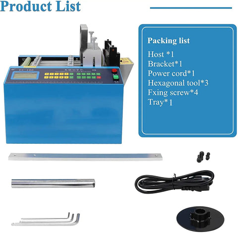 Heavy Duty Automatic Cable Pipe Cutter Compatible With Pvc And Heat Shrink Tubing Featuring Slick Guide Rail Quick Cut Speed And No Hassle Multi Material Trimming Capability with accessories laid out.