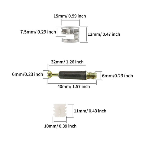 Top Shelf 3 In 1 Furniture Connector Kit With Dowels And Cam Screws Rock Solid Zinc Alloy Hardware dimensions and details.