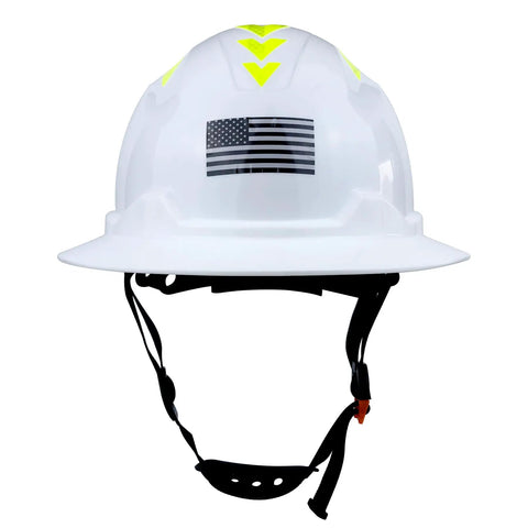 Solid As A Rock Full Brim Hard Hat With Airflow Hdpe Shell And Six Point Suspension Ansi Z89 1 Certified Construction Safety Helmet For Beat Up Jobsites And Grindy Work Crews, front view with American flag emblem.
