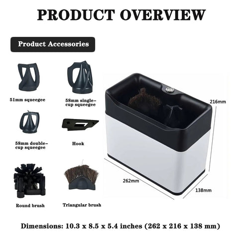 Automatic Electric Portafilter Cleaner For Coffee Grounds handles various brushes, squeegees and hook for efficient espresso puck disposal.