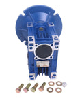 HOLDWELL MRV050 worm gear speed reducer, blue, front view with mounting flange and hardware
