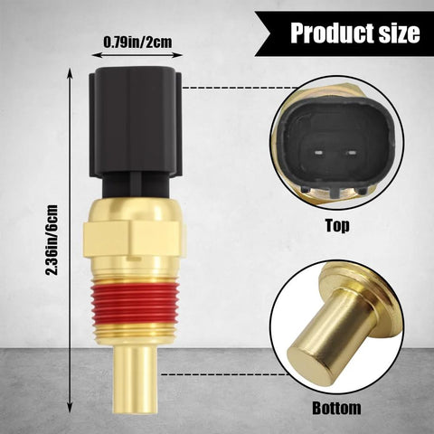 Front view of Rebvugr coolant temperature sensor with brass threaded body and black connector; top and bottom views.