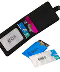 RFID Blocking Sleeves Set With 16 Pieces 10 Credit Card Holders And 4 Passport Protectors displayed in open wallet with cards