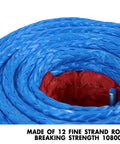 Close-up of Beefy Synthetic Winch Rope 3/8 Inch By 100 Feet with Protective Sleeve, rolled blue 12-strand UHMWPE rope.