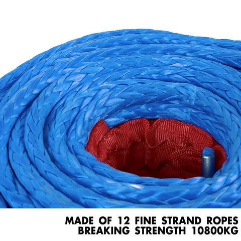 Close-up of Beefy Synthetic Winch Rope 3/8 Inch By 100 Feet with Protective Sleeve, rolled blue 12-strand UHMWPE rope.