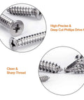 Close-up of All Purpose Stainless Steel Wood Screws Set 420 PC Assortment Kit With Flat Head Phillips Drive Self Tapping Screws.