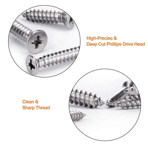 Close-up of All Purpose Stainless Steel Wood Screws Set 420 PC Assortment Kit With Flat Head Phillips Drive Self Tapping Screws.