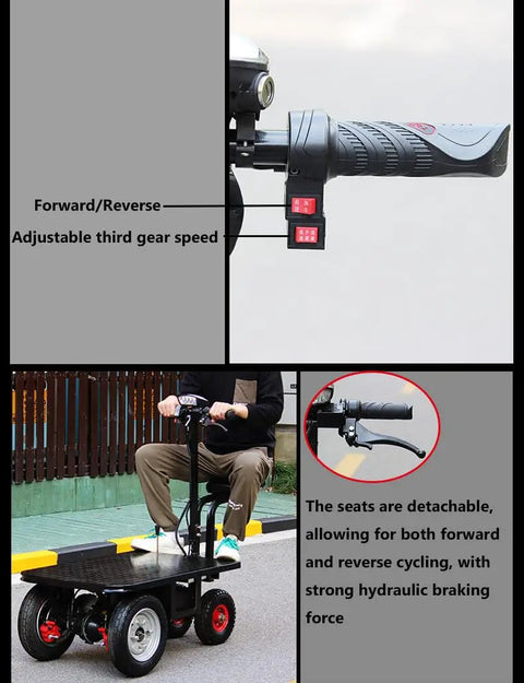 SwAcch Commercial Electric Platform Truck Heavy Duty Motorized Table Cart Dolly showing adjustable speed controls and rider functionality.