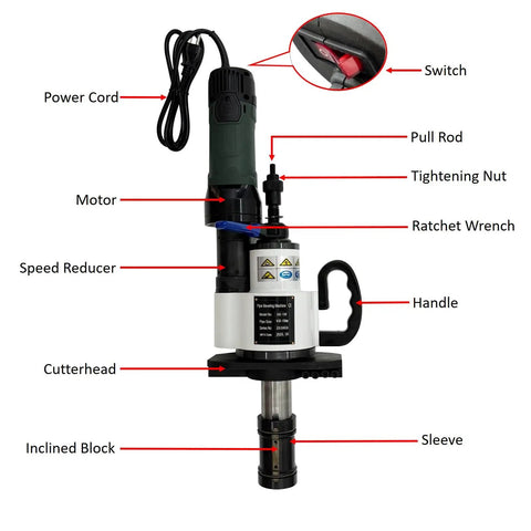 Job Site Ready Electric Pipe Beveler For Straight Shooting Weld Prep With No Sweat 0 30 375 Degree Chamfer Settings and Reliable Internal Expansion System For Tough Metal Tubing At 220V image showing features like power cord, motor, and cutterhead.