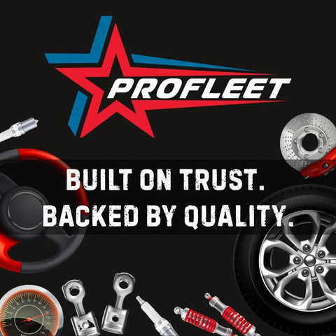 Profleet automotive parts banner with logo and scattered car components, including brake rotor and steering wheel.