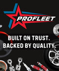 Profleet automotive parts banner showing steering wheel, brake disc, tire, coil springs, pistons, and spark plugs.