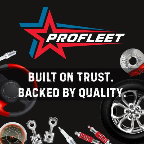 Profleet logo with steering wheel, brake components, and Built on Trust Backed by Quality slogan on a black background.
