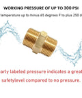 Brass NPT Hex Nipple Male Pipe Adapter 1 Inch By 1 Inch Thread Outer Diameter 1.25 Inches with pressure and temperature ratings.