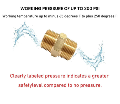 Brass NPT Hex Nipple Male Pipe Adapter 1 Inch By 1 Inch Thread Outer Diameter 1.25 Inches with pressure and temperature ratings.