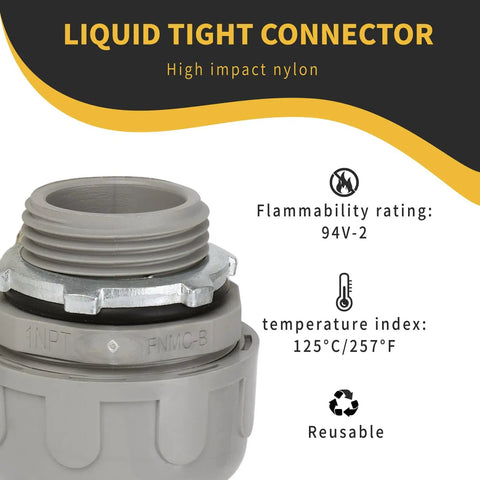 1 Inch Nylon Conduit Connectors 180 Degree Elbow Pack Of 5 Grey Liquid Tight PVC Fittings With Domed Nut O Ring And Steel Locknut Included Built To Withstand Impact And Weather Heavy Duty For Real World Job Sites, close-up