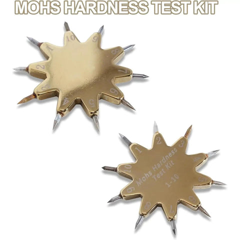 Pro Grade Mohs Hardness Test Kit With 1 to 10 Scratch Tester Picks Gold Ten Pointed Star Grip, two views