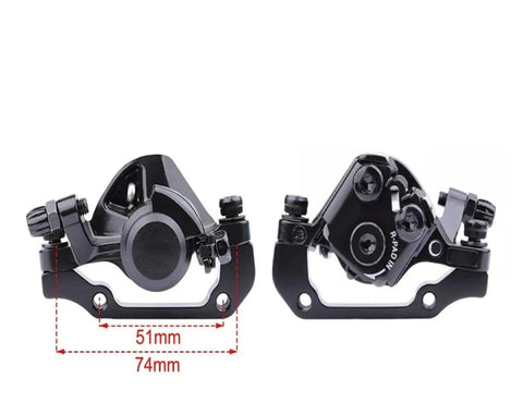 Sick Stopping Power Meets Knockout Control On This Mechanical Disc Brake Caliper Compatible For Shimano TX805 And M375 Models Featuring Resin Pads to Deliver Smooth Riding Performance Daily, shown from front and back.