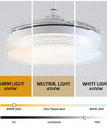 42 Inch Dope Retractable Blades Ceiling Fan With Lights showing warm, neutral, and white light options and luminance levels