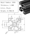 Workhorse T Slot 3030 Aluminum Extrusion 39.4 Inch European Standard Anodized Linear Rail Black with technical specifications.