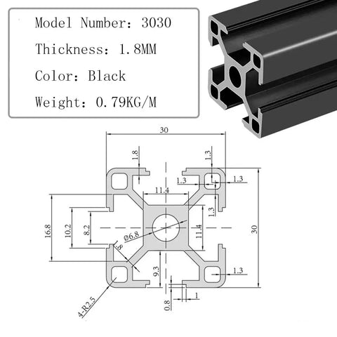 Workhorse T Slot 3030 Aluminum Extrusion 39.4 Inch European Standard Anodized Linear Rail Black with technical specifications.