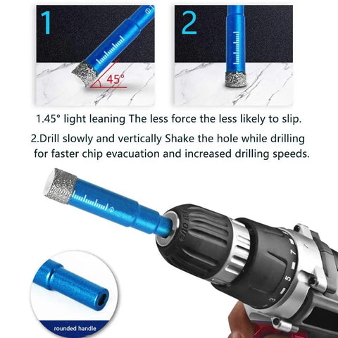 Quarter Inch Diamond Core Drill Bits Set Tile Hole Saw Kit in use with 45-degree angle for optimal drilling.