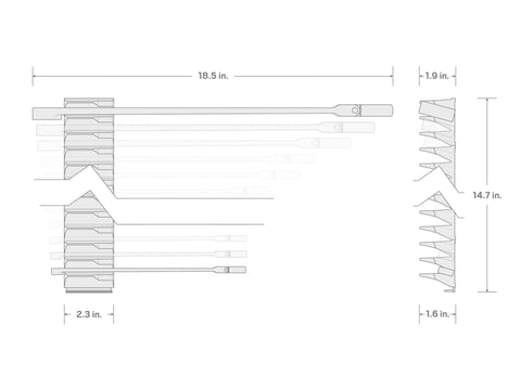 Diagram of dimensions for 19 Piece Metric Ratcheting Box End Wrench Set With Fixed And Flex Heads 6 To 24 mm modular organizers