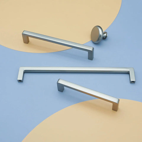 Dope Three Size Cabinet Pulls Set In Brushed Nickel Black And Matte Gold Finish Sleek Drawer Handles display on colored background
