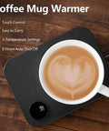 Smart Desk Mug Warmer With Three Adjustable Heat Modes And Built In Safety Timer For Auto Shut Off on a wooden table with coffee.