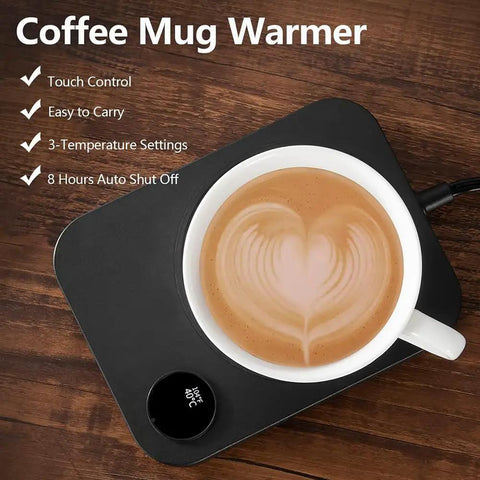 Smart Desk Mug Warmer With Three Adjustable Heat Modes And Built In Safety Timer For Auto Shut Off on a wooden table with coffee.