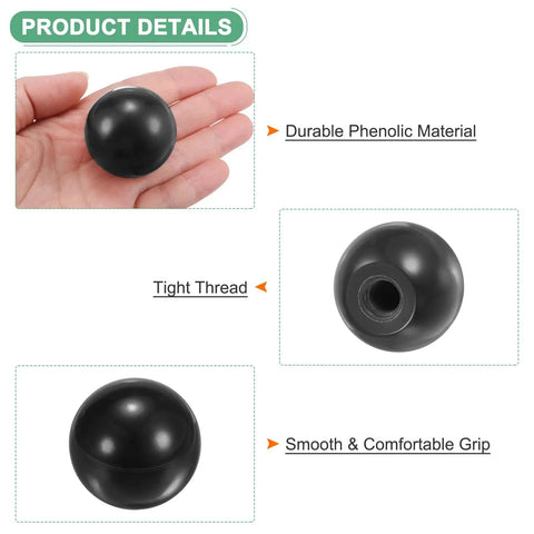 Close-up of black phenolic 3 Pack Threaded Ball Knobs M10 Female 35mm Dia Thermoset Phenolic Round Lever Handles for control panels.