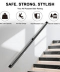 Six Foot Black Metal Wall Mounted Stair Handrail Featuring Industrial Pipe Styling And A Legit Five Hundred Pound Weight Limit Safe For Home Staircases Lofts Decks And Porches Rust Resistant And Built To Handle The Daily Grind, shown on modern staircase.