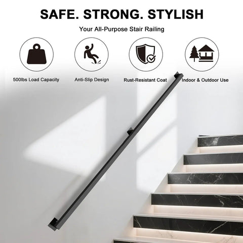 Six Foot Black Metal Wall Mounted Stair Handrail Featuring Industrial Pipe Styling And A Legit Five Hundred Pound Weight Limit Safe For Home Staircases Lofts Decks And Porches Rust Resistant And Built To Handle The Daily Grind, shown on modern staircase.