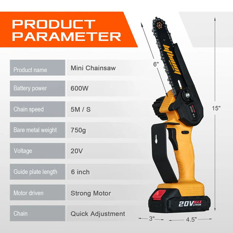 6 Inch Cordless Mini Chainsaw With Two Batteries and product specs shown, featuring guide plate length and battery power