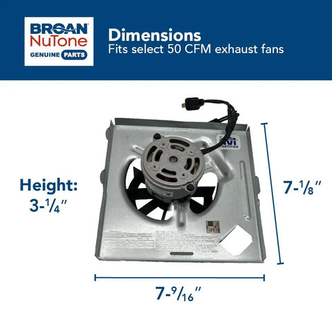 Upgraded OEM Authorized Fan Motor For 7 1 Quarter By 7 1 Half Inch Metal Housings, shown with dimensions and plug.