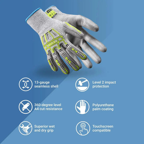 Impact Protection Safety Gloves With Polyurethane Palm Coating A4 Cut Level 13 Gauge Seamless Knit Touchscreen Compatible Helix 1074IMP Large