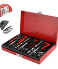Open red case showing Ultimate 88 Piece Thread Repair Kit M6 M8 M10 with steel alloy inserts, taps, and drill bits.