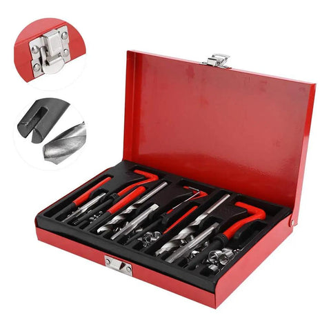 Open red case showing Ultimate 88 Piece Thread Repair Kit M6 M8 M10 with steel alloy inserts, taps, and drill bits.