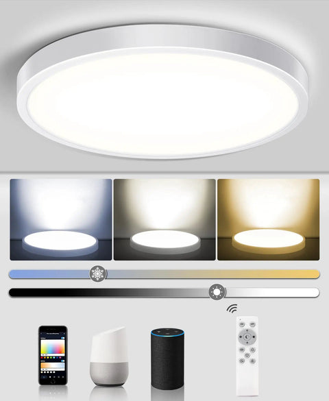 Smart Ceiling Light Fixture Flush Mount LED 24W 2400 Lumens Round 12 Inch Dimmable with Remote and Voice Control for Alexa and Google Home