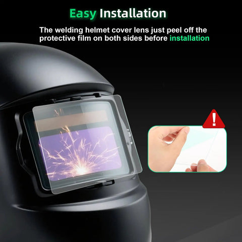 Twenty Piece Pack Of Optical Grade Clear Replacement Welding Helmet Outer Lenses Compatible With Lincoln Viking 3350 And Optrel Pancake Helmets For Heavy Duty Shop Grind And Slick Protection, showing easy installation process.