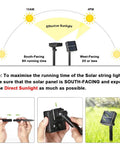 Diagram showing effective sunlight angles for 2 Pack Solar String Lights 132Ft Of Warm White LED Fairy Lights, panel installation details.