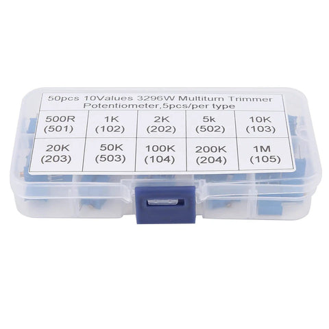 Multiturn Trimmer Potentiometer Kit 50 Piece Assortment With 10 Resistance Values From 100 Ohm To 1 Megaohm In Plastic Storage Case