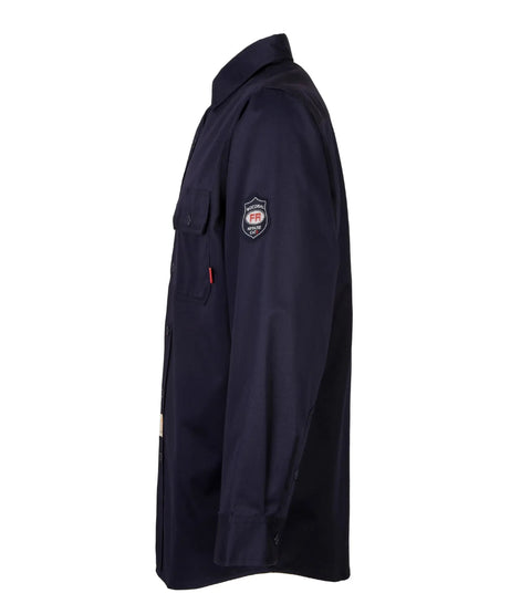 Throw On This Men's Flame Resistant Work Shirt Built From 7.5oz Cotton Twill NFPA 2112 Cat 2 Certified side view shirt with logo.