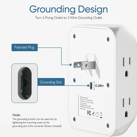 Back view of 2 Prong To 3 Prong Grounding Outlet Adapter With 6 Wide Outlets, Wall Mount Power Strip Expander For Non Grounded Kitchen Or Office showing polarized plug and grounding slot features.