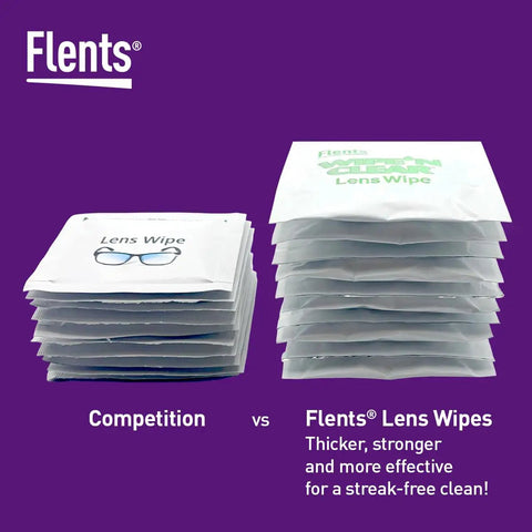 Pre Moistened Lens Cleaning Wipes For Glasses And Shades Gentle Streak Free Fast Drying Individually Wrapped Travel Ready Packs Four Boxes 300 Wipes Total Safe On Coatings Made In USA comparison with competitor lens wipes on purple background
