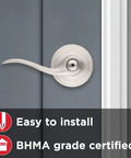 Interior Privacy Door Lever With Lock For Bedroom And Bathroom, Satin Nickel Finish, Reversible Handle in close-up view